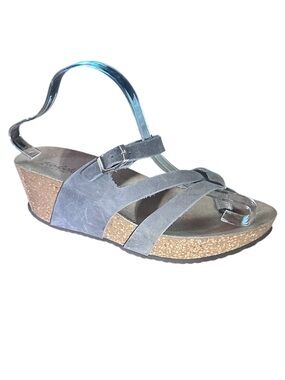 Bio-Gold Grey Suede Cork Wedge Sandal - Women's Strappy Comfort Size 8.5